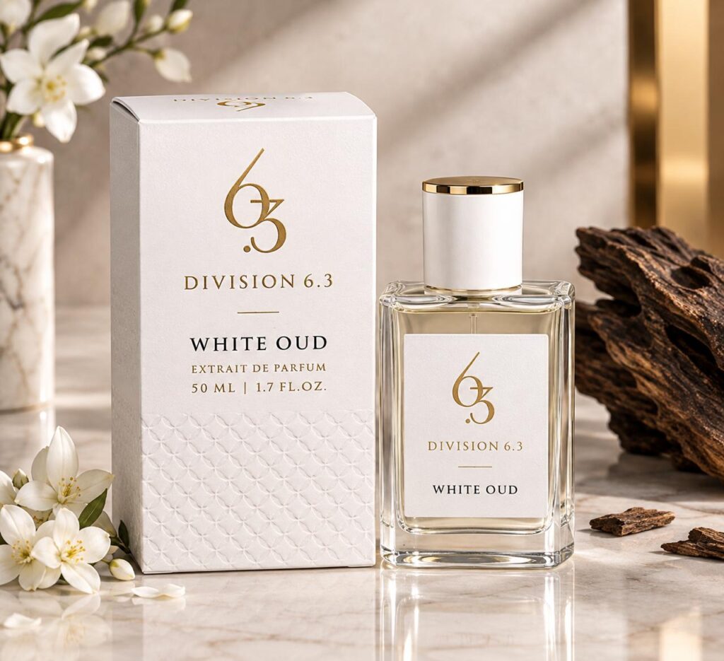 Division 6.3 White Oud Extrait de Parfum 50ml clear glass bottle with white and gold cap beside white gift box, oud wood and white flowers